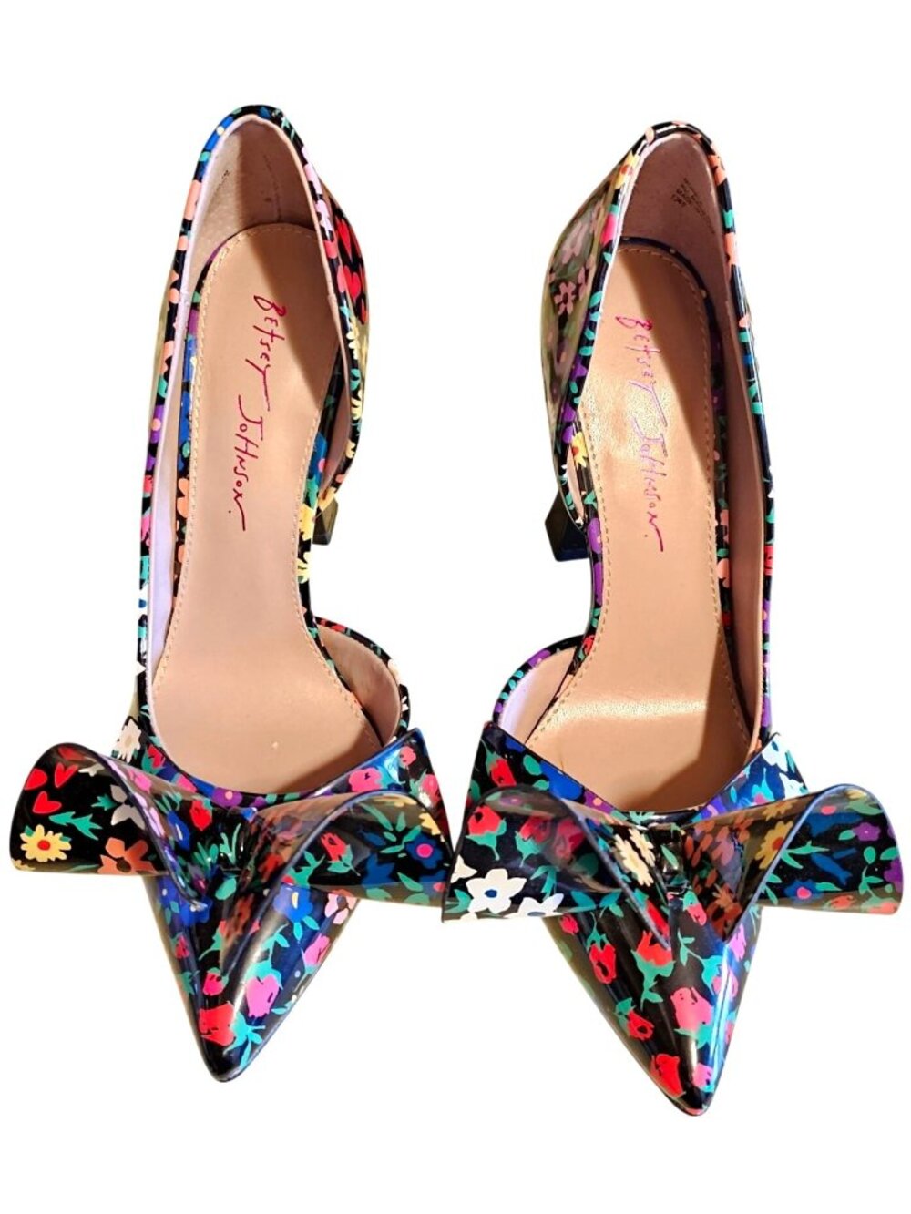Betsey Johnson Floral Pointed Toe Heels With Bow Accent Black Multicolor Size 7M